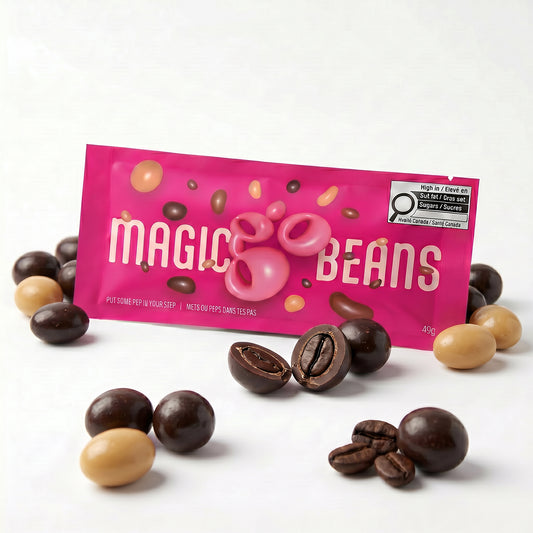 Magic Beans chocolate covered espresso beans package with beans