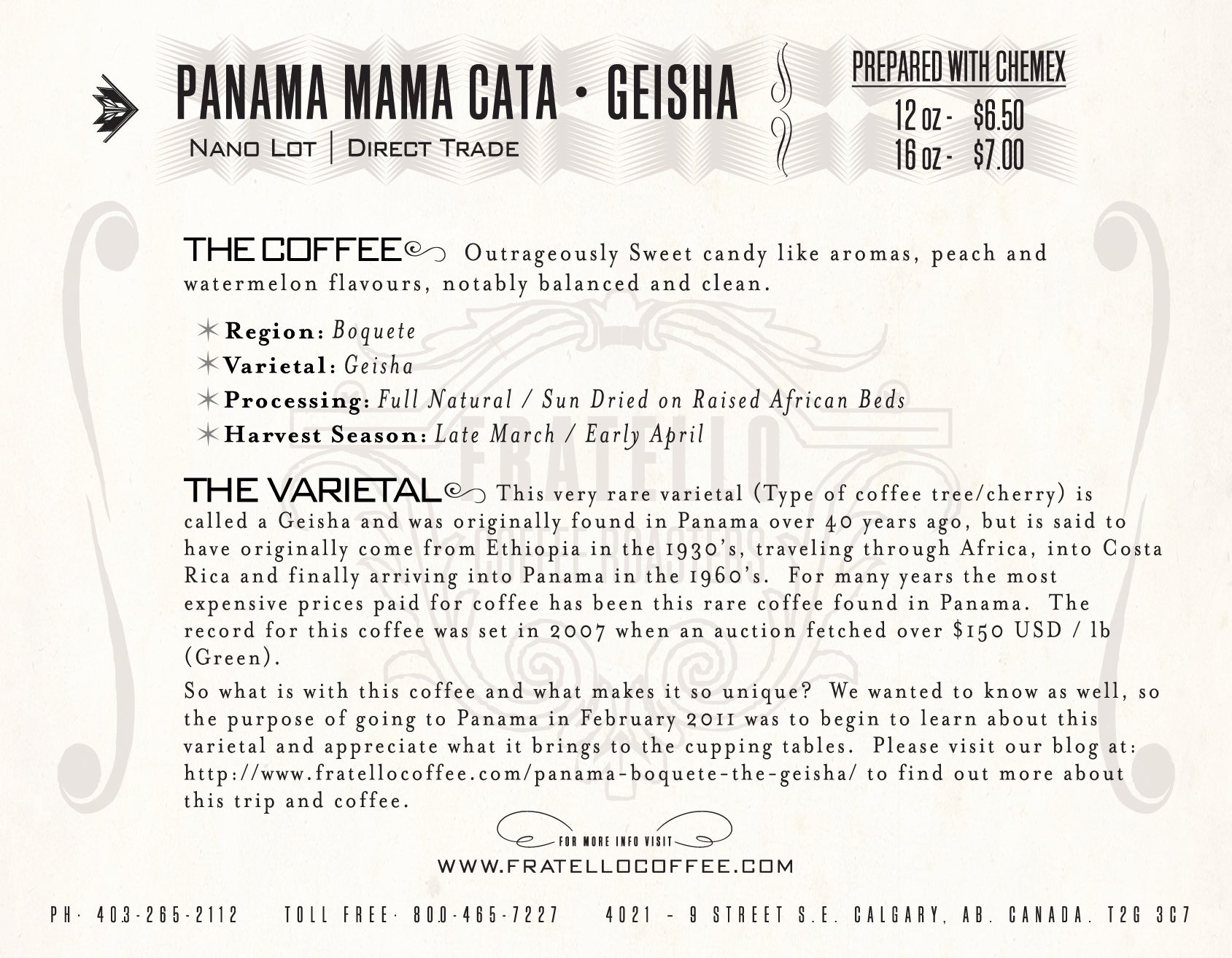 CHEMEX coffee card Panama Geisha Panama Mama Cata Natural Geisha