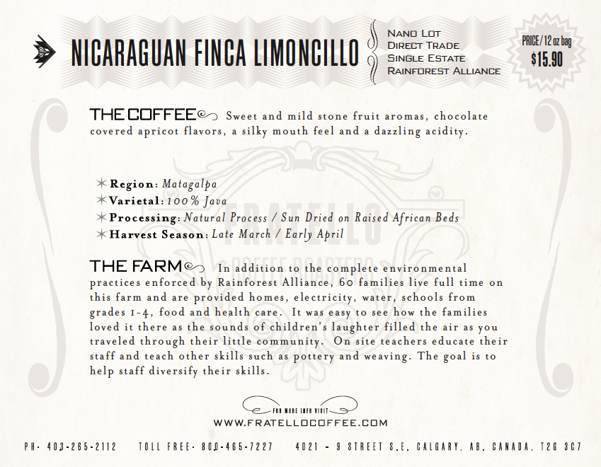 Nicaraguan Java Natural coffee card Fratello Analog cafe 
